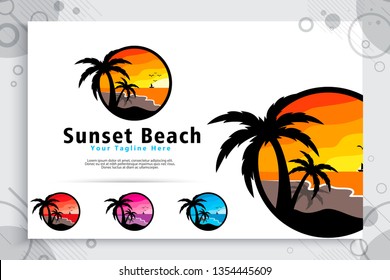 sunset vector logo with simple concept designs , silhouette illustration of coconut tree can use for symbol icon resort beach or beautiful sunset beach template