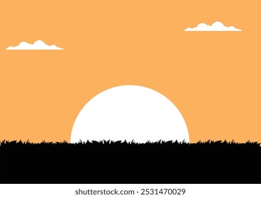 Sunset vector with orange sky and grass ground silhouette