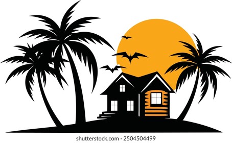  Sunset vector - Plam tree, Plam Tree and Beach House Logo Icon. Summer Beach, Summer Vacation, Travel, Island and Sunset Beach Vector Icon.