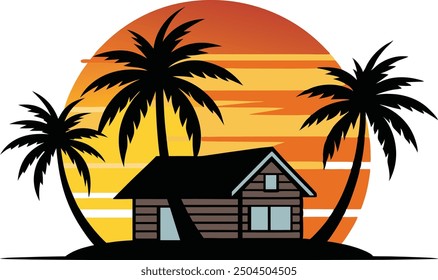  Sunset vector - Plam tree, Plam Tree and Beach House Logo Icon. Summer Beach, Summer Vacation, Travel, Island and Sunset Beach Vector Icon.