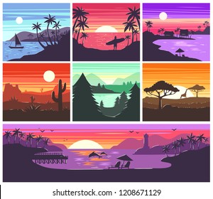 Sunset vector sunrise with Hawaii palms or mountain silhouette on backdrop illustration set of tropical sunlight background and summer sunshine seacoast wallpaper