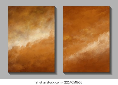 Sunset vector watercolor art background with orange clouds and sky. Hand drawn set vector texture. Heaven. Watercolour banner. Abstract template for flyers, cards, poster, cover or design interior.