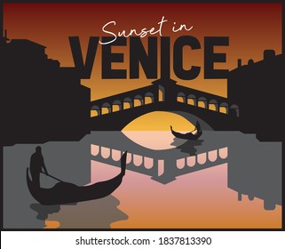 Sunset in Venice Skyline Silhouette Print - Graphic Vector Pattern for Tee / T Shirt and Poster