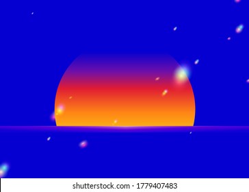 Sunset in VHS digital age style, aesthetic vibrant ultramarine and orange gradient sun with light leaks effects, blank illustration template