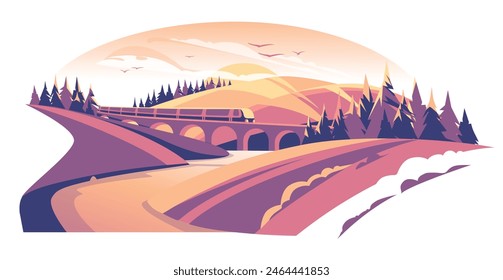 sunset viaduct landscape. Rural travel and travel ideas. Railway transport and the bridge. Vector flat illustration