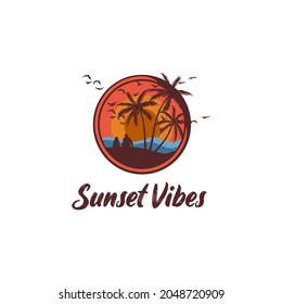 Sunset VIbes Outdoors Logo, Sunset Relax Silhouette Dad and Son at the Beach, Bird, Coconut Tree, Sunset, Beach
