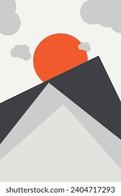Sunset View Abstract Design, Abstract Wall Art Poster Design, Sun, Cloud, Mountains, Poster