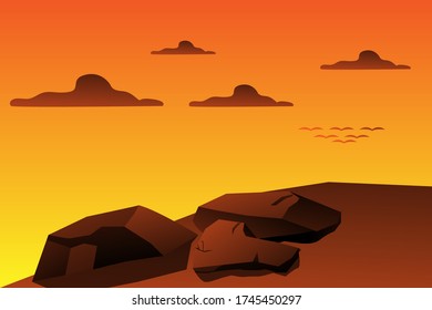 Sunset view, sunset background with birds and rocks. Vector sunset background