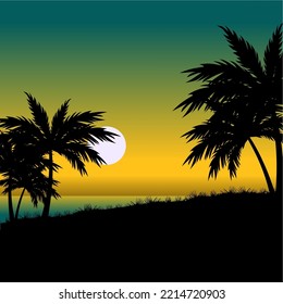 Sunset view at the beach with palm tree silhouette vector