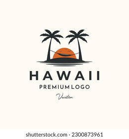 sunset view beach palm tree vintage logo vector minimalist illustration design, paradise in hawaii logo design 