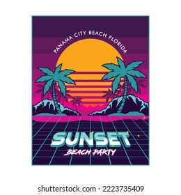 Sunset view beach palm vector illustration in retro design, perfect for poster and t shirt design