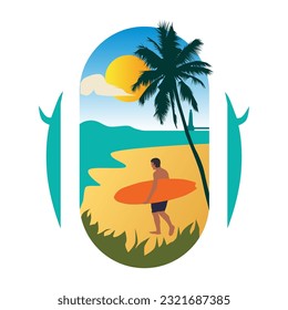 sunset view of a beach, surf and palm trees in silhouette