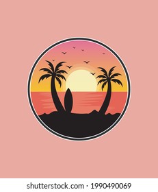 sunset view of a beach, surf and twin coconut trees in silhouette style
