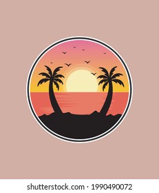 sunset view of a beach and twin coconut trees in silhouette style