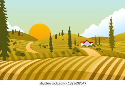 sunset view in country side with house in the middle of green field vector illustration.used for poster, banner, website image