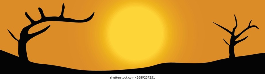 Vista del atardecer en el campo del desierto que refleja la ilustración de fondo seca de los árboles