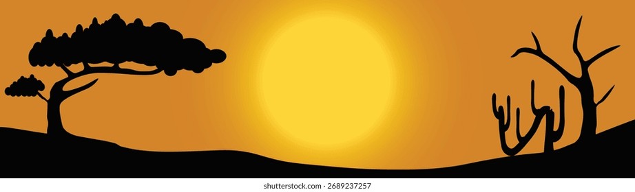 Sunset view in desert field reflecting trees background illustration
