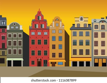 Sunset view of Houses on Stortorget square in Gamla stan in Stockholm, Sweden - vector ilustration