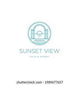 Sunset view from inside the pool villa line art outline beach villa resort logo icon sign symbol design concept. Vector illustration