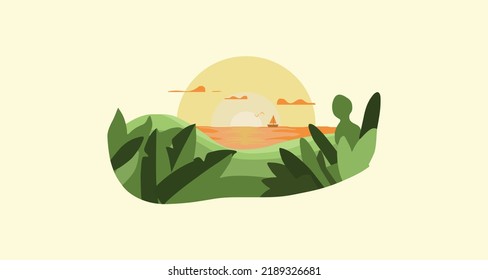 vista de puesta de sol desde el elemento gráfico de la isla Diseño de plantilla de ilustración