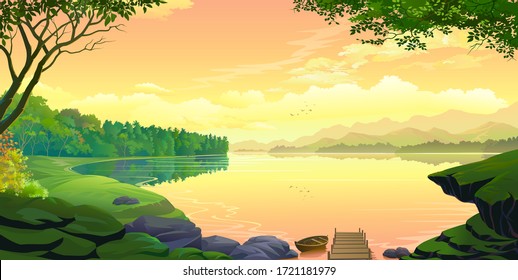 A sunset view of a lake with mountains and the orange skies.