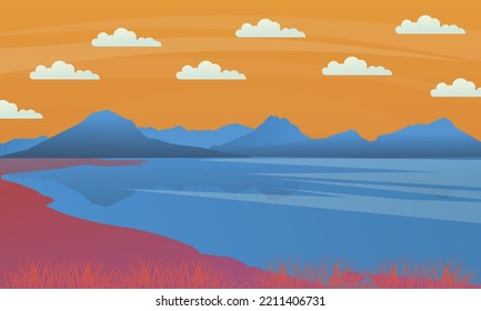 Vista de la puesta de sol sobre un lago con montañas y cielos naranjas