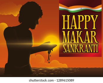 Sunset view with man silhouette bathing in the holy Ganges river to atone for his sins and sun worship during Makar Sankranti festival in India.