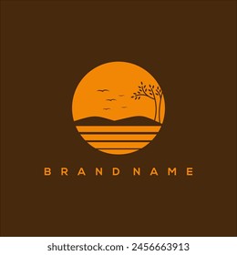 sunset view with mountains trees and lake logo vector