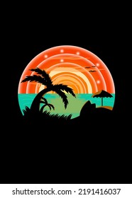 sunset view on the beach,flat beautiful illustration design in a circle,vector