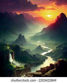 sunset view over the mountains, great place, peaceful, the mountains and the river are beautiful, special illustration, 3d art design 