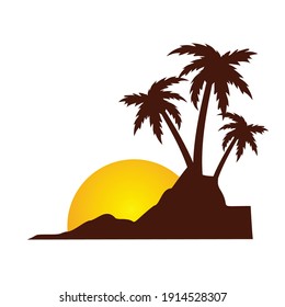 vista de puesta de sol con silueta de palmera ilustración vectorial
