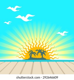 Sunset view in the pier with a tropical island, palm tree and seagull silhouettes