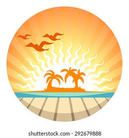 Sunset view in the pier with a tropical island, palm tree and seagull silhouettes