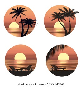 Sunset view at resort. Relaxing in the evening on beach with palm tree. Vector icons set.