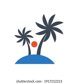 Vistas al atardecer desde la playa y el icono de la naturaleza. Vista del amanecer desde el icono de la playa de mar con ilustración vectorial.