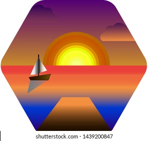 A sunset view at the sea, a boat in sunlight vecor colourful background illustration