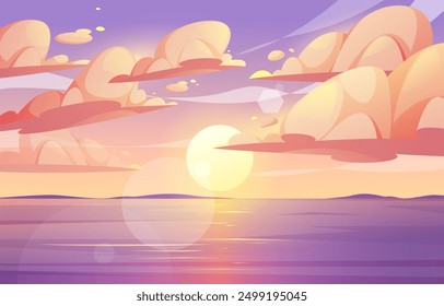 Vista del atardecer en el mar, paisaje marino con cielo nublado y últimos rayos de sol. Resort de Vector o vacaciones, vacaciones o descanso en la playa o la orilla. Océano con horizonte rosa y ondas de luz suave en la superficie del agua