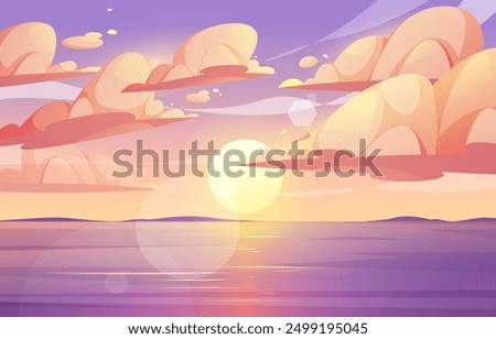 Sunset view at sea, seascape with cloudy sky and last rays of sun. Vector resort or holiday, vacation or rest at seaside or shore. Ocean with pink horizon and smooth light waves on water surface