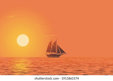 sunset view with ship silhouette concept color gradient background vector illustration