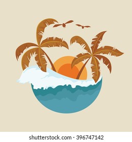 Sunset View in Summer With Palm Tree and Ocean Wave