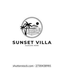Sunset Villa diseño de logotipo con Plantilla de diseño de Vector de palmeras
