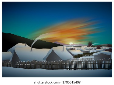 Sunset in the village in winter. Vector illustration