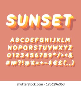 Sunset vintage 3d vector alphabet set. Retro bold font, typeface. Pop art stylized lettering. Old school style letters, numbers, symbols pack. 90s, 80s creative typeset design template