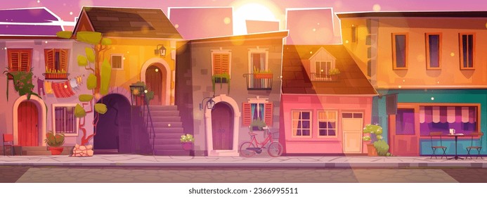 Atardecer en vintage Italia de fondo vectorial de la ciudad. Ventana de restaurante en un edificio antiguo cerca del paisaje de caricaturas de carreteras. pueblo italiano con balcón exterior. Cielo rosa en ciudad retro europea