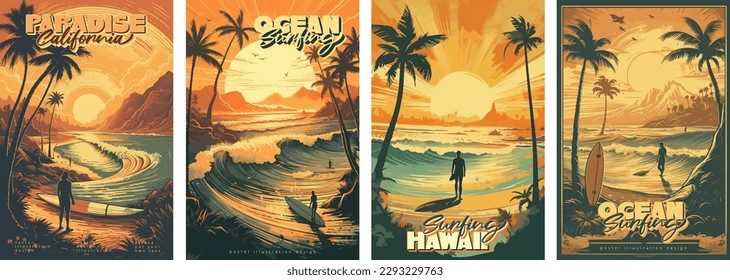 Sunset vintage retro style beach surf poster vector illustration