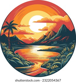 A sunset Vintage Rounded design white backgroud