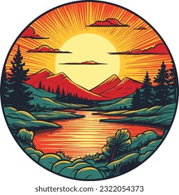 A sunset Vintage Rounded design white backgroud