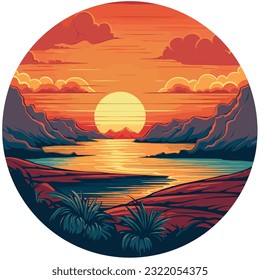 A sunset Vintage Rounded design white backgroud