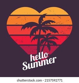 Sunset in vintage style. Heart shape with grunge texture. Neon colors on dark background. Hello summer flat illustration with grunge texture. Palm trees on background of heart. Isolated illustration.