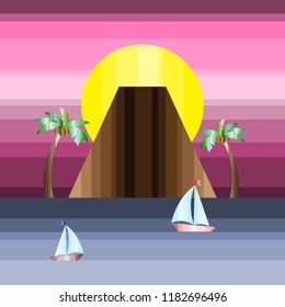 Sunset : volcano, palm trees and ships on the background of pink sky and blue sea